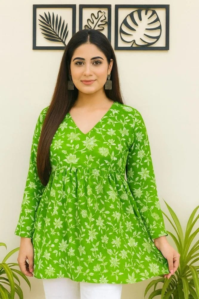 Cotton Green Floral Printed Long Sleeve Tunic Top