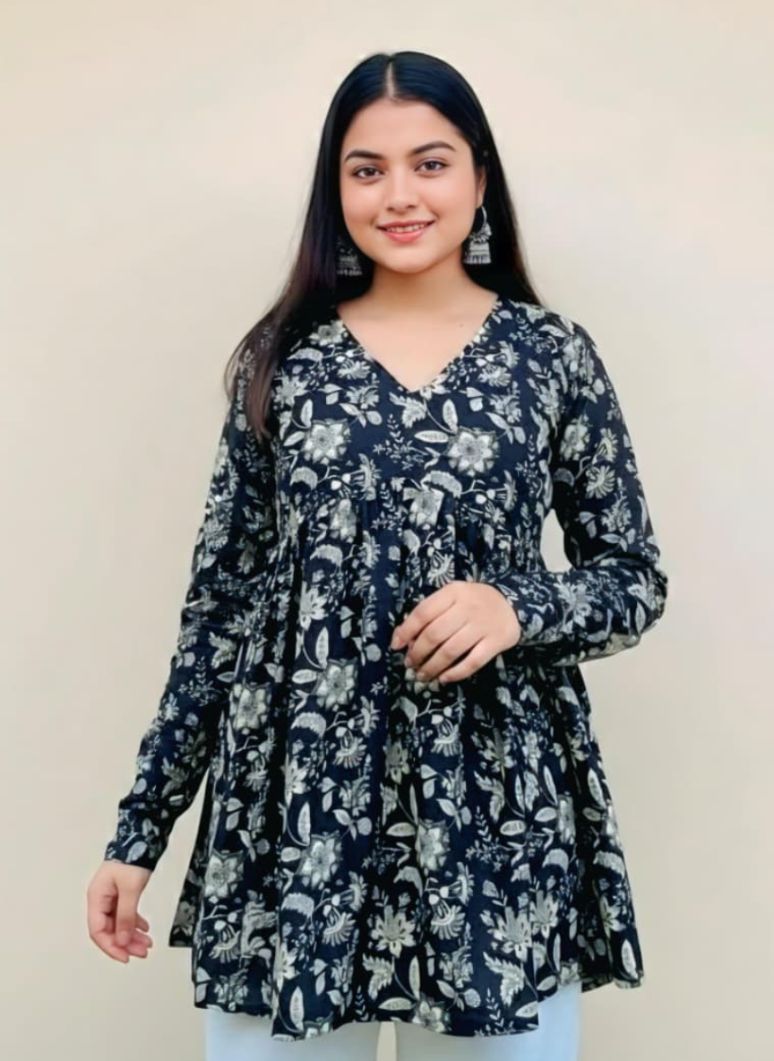 Cotton Black Printed Long Sleeve Tunic Top