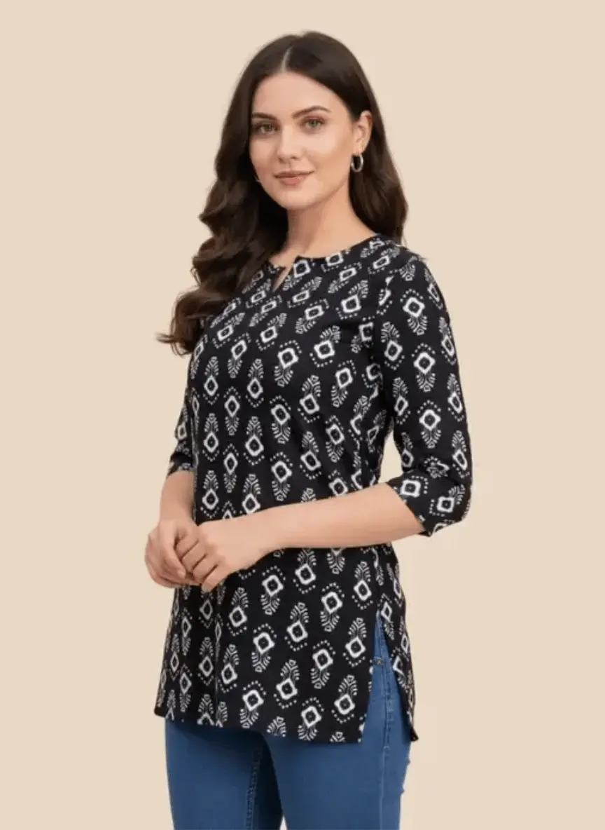 Black Printed Rayon Short Kurti