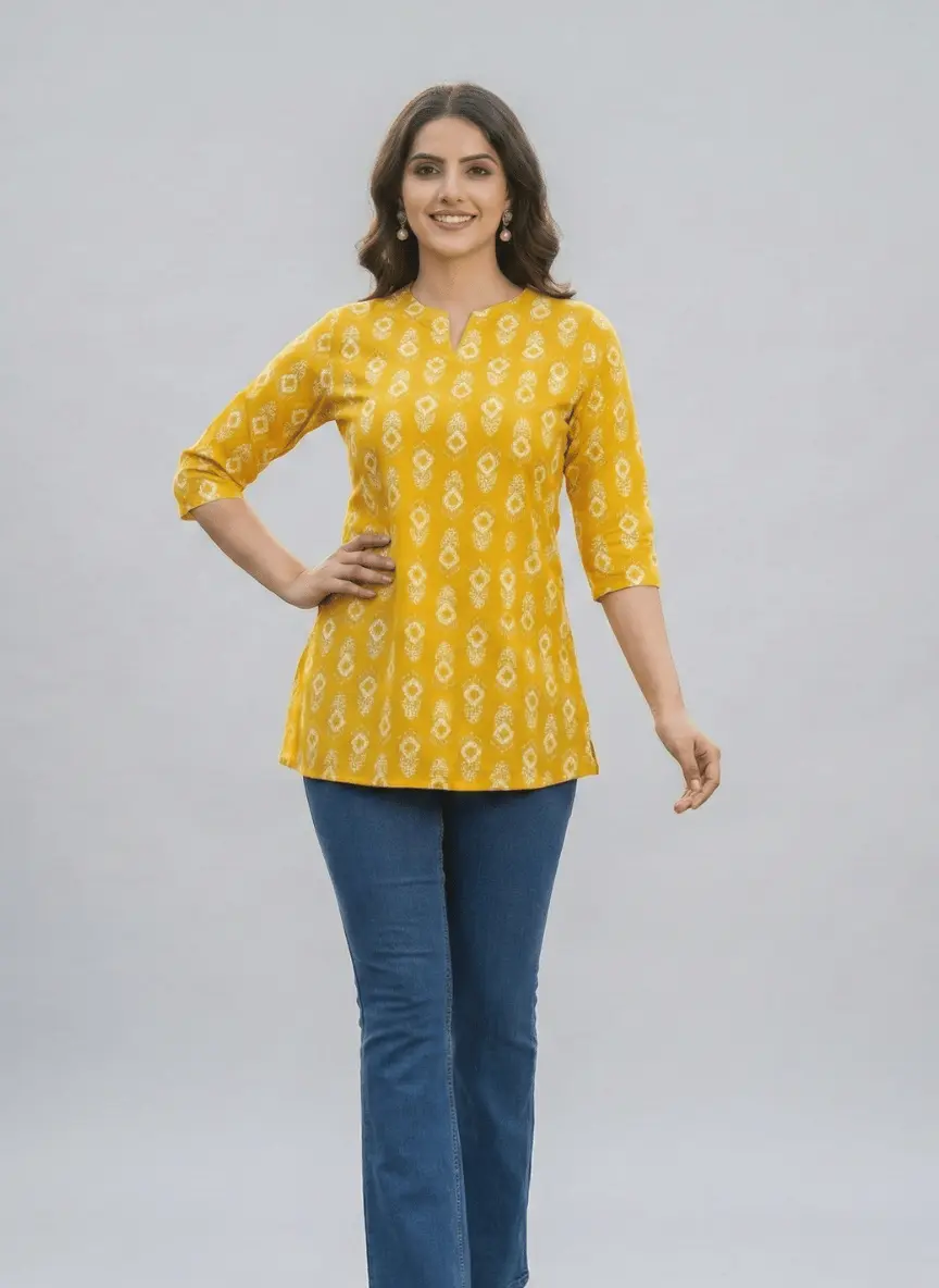 Yellow Printed Rayon Tunic Top for Women