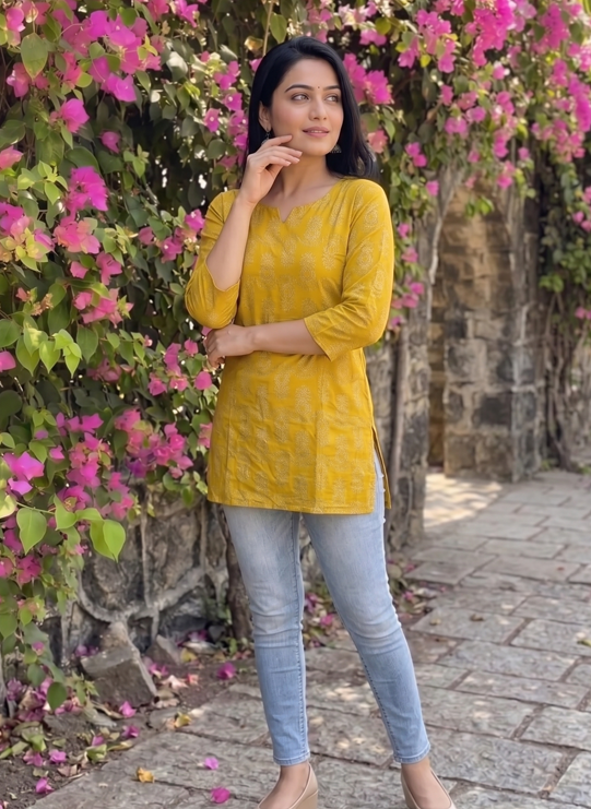 Yellow Printed Rayon Tunic Top for Women | Comfortable Daily Wear Short Kurti | Office & Casual Style