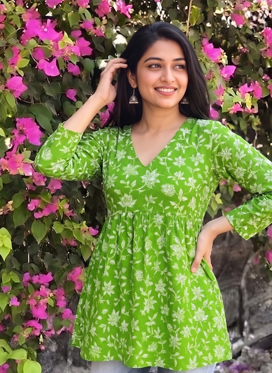 Green Floral Printed Cotton Tunic Top for Women | Long Sleeve Casual & Office Wear Top
