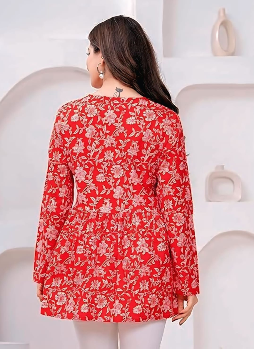 Cotton Red Floral Printed Long Sleeve Tunic Top