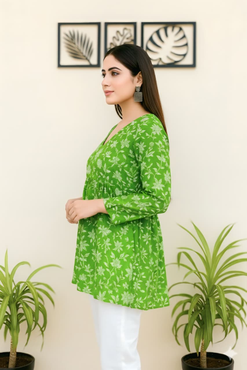 Cotton Green Floral Printed Long Sleeve Tunic Top