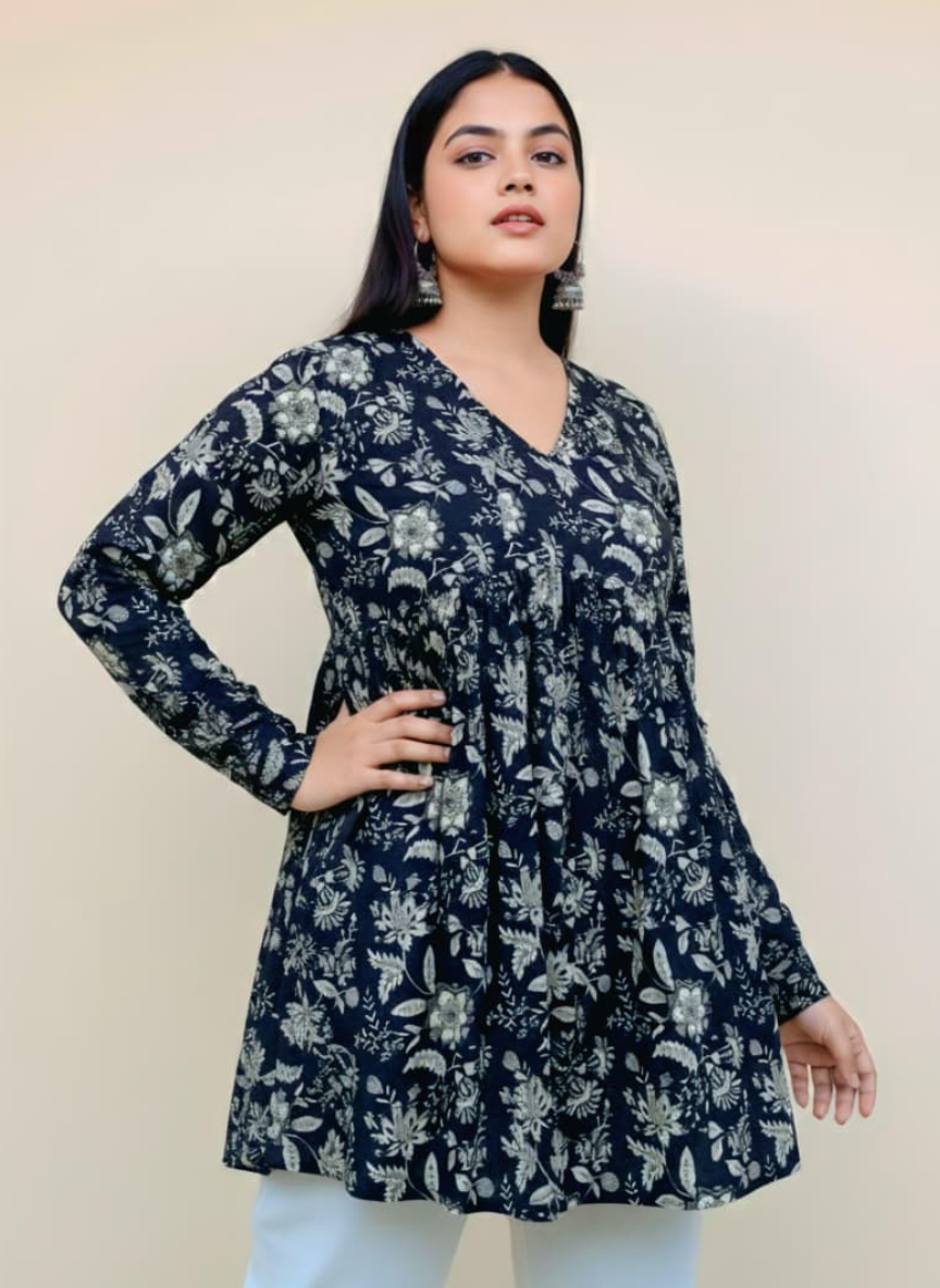 Cotton Black Printed Long Sleeve Tunic Top