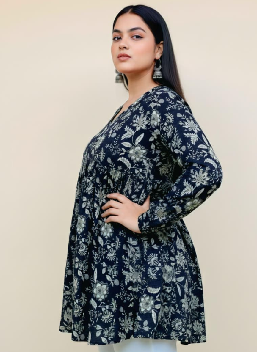 Cotton Black Printed Long Sleeve Tunic Top