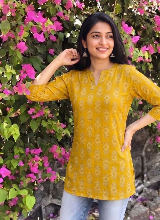 Yellow Printed Rayon Tunic Top for Women | Comfortable Daily Wear Short Kurti | Office & Casual Style
