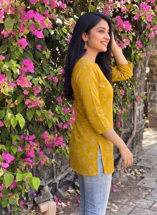 Yellow Printed Rayon Tunic Top for Women | Comfortable Daily Wear Short Kurti | Office & Casual Style