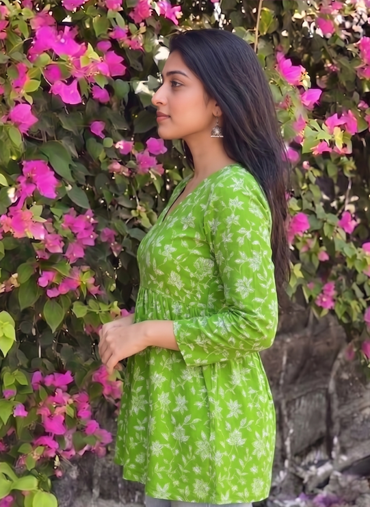 Green Floral Printed Cotton Tunic Top for Women | Long Sleeve Casual & Office Wear Top